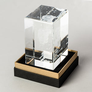 Stikla kubs ar 3D lāzergravējumu izvietots dāvanu kastē